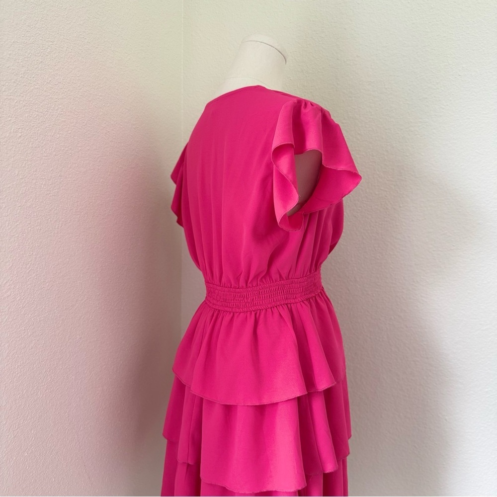 Ruffle Tiered V-Neck Mini Dress in Hot Pink - Picture 4 of 7